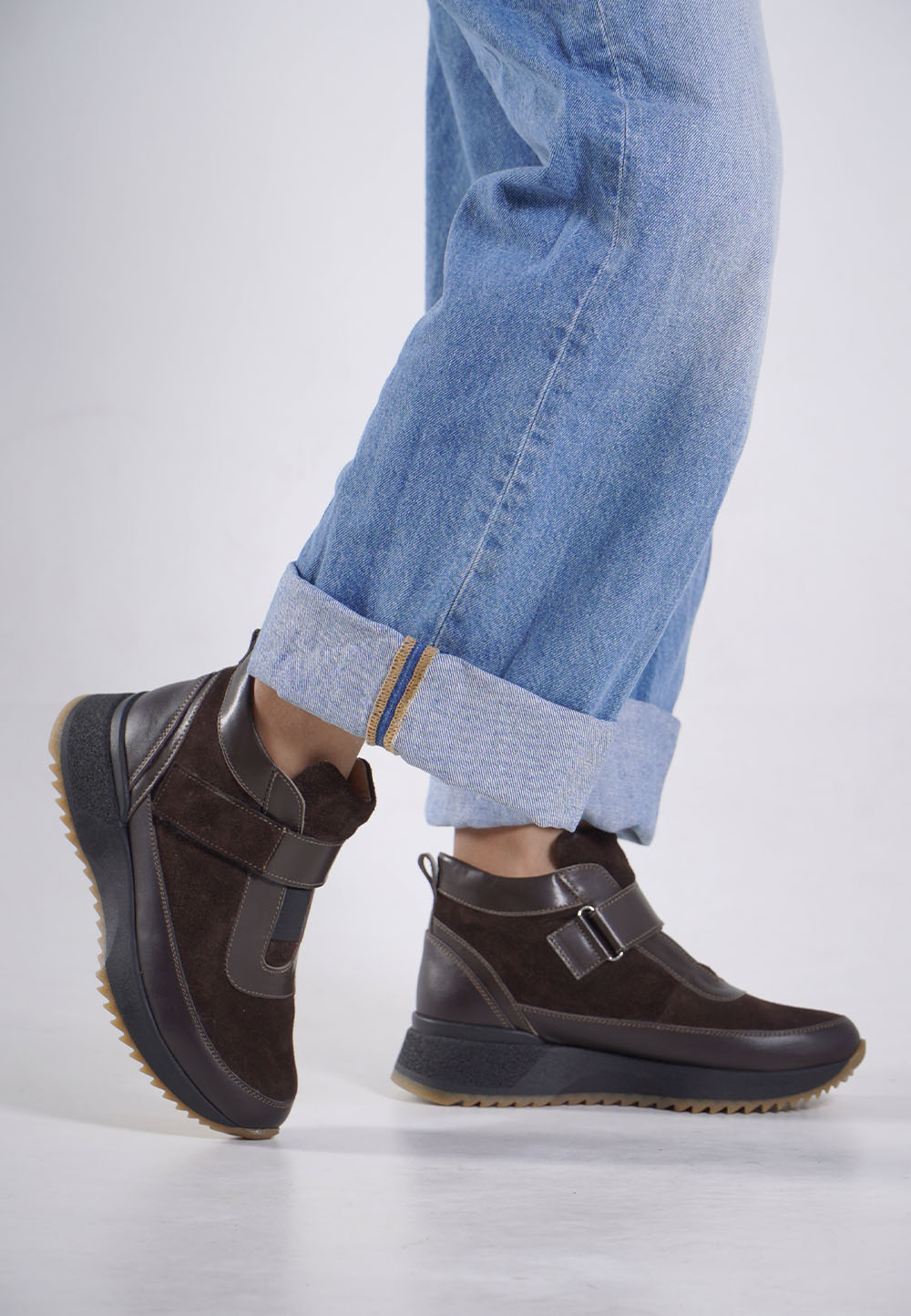 Кросівки коричневі з липучкою — шкіра та замша (vm-176-48k)